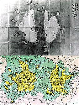 ‘마츠시마 지도’의 복사본(위). 아래 쪽은 한국 국립해양조사원의 독도 지도. 